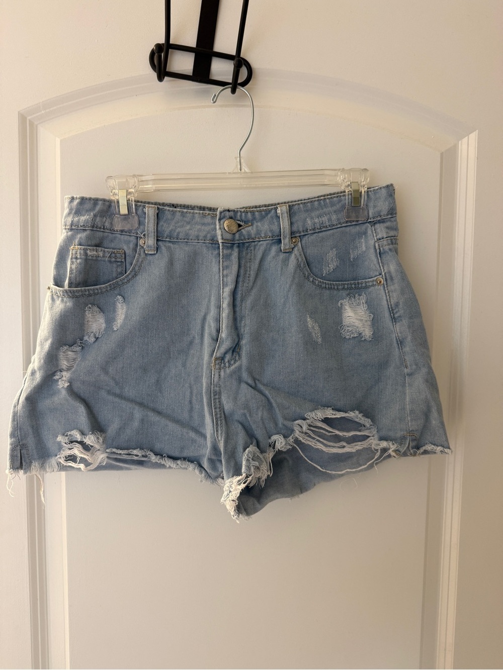 High-Rise Light Blue Distressed Denim Shorts - Women's Casual Summer